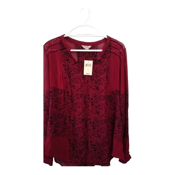 Lucky Brand Tops - Lucky Brand Dark Red Black Embroidered Sheer Blouse V neck Size L